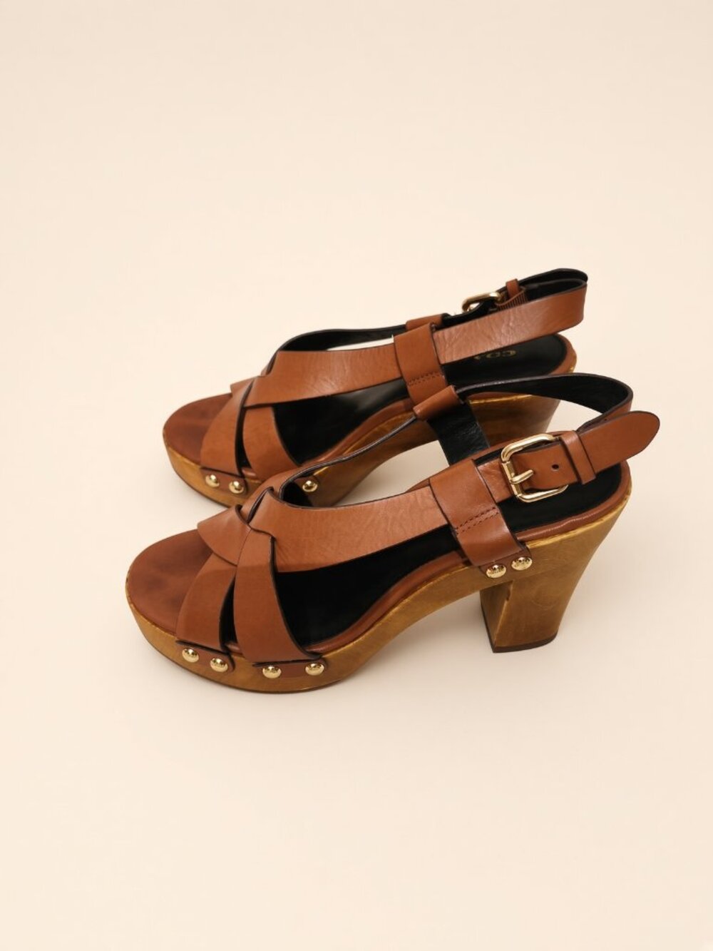 Coach Adessa Cognac Leather Wood Platform Sandals Size 8 Gold Studs